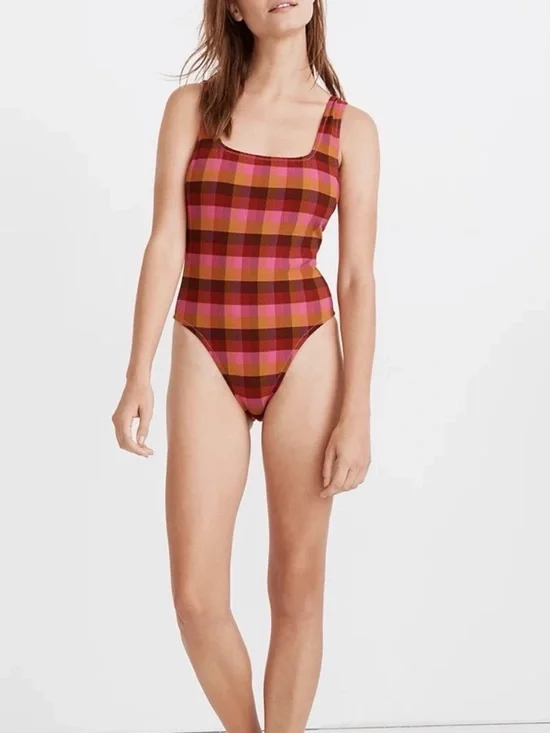 Madewell Plaid One-Piece Swimsuit in Pink and Brown