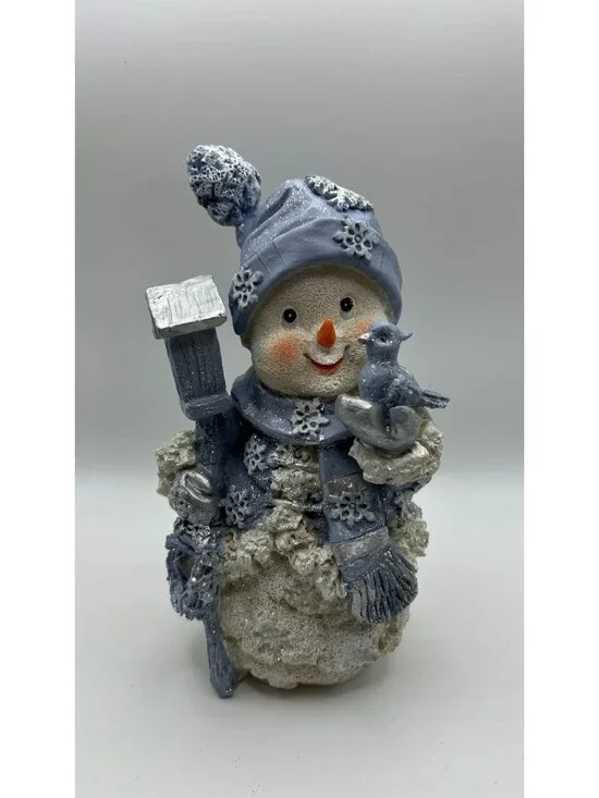 Snowman Figurine With Bird & Glitter Accents - Winter Decor - Blue & White