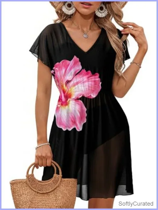 Sheer V-Neck Swim Cover Up Dress Short Sleeve Beach Outfit