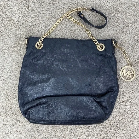 Michael Kors‎ Shoulder Bag Black Leather Slouchy Chain MK Charm Gold Tone Purse