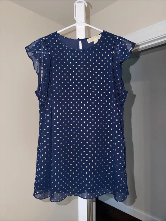 Michael Kors Navy Flutter Sleeve Blouse with Gold Polka Dots