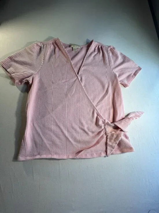 MICHAEL KORS short-sleeve wrap top pink white vertical stripes v neck‎ Women's