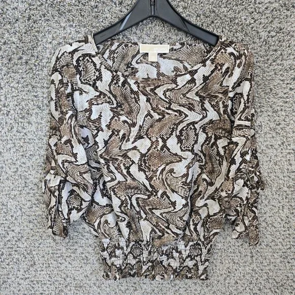 Michael Kors Top Womens XS Brown Snake‎ Print Semi Sheer Blouse Roll Tab Sleeve