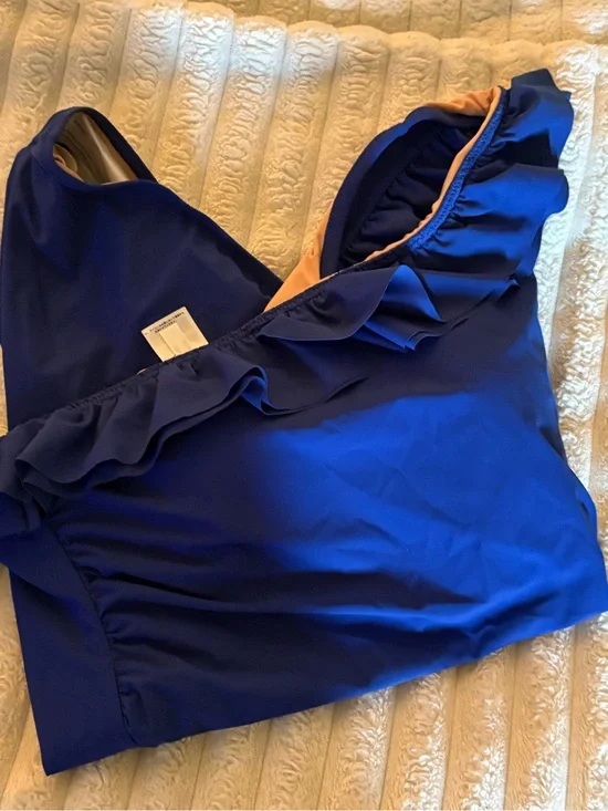 J CrewOne-Shoulder Ruffle Swimsuit in Deep Blue with Peach Lining size 10