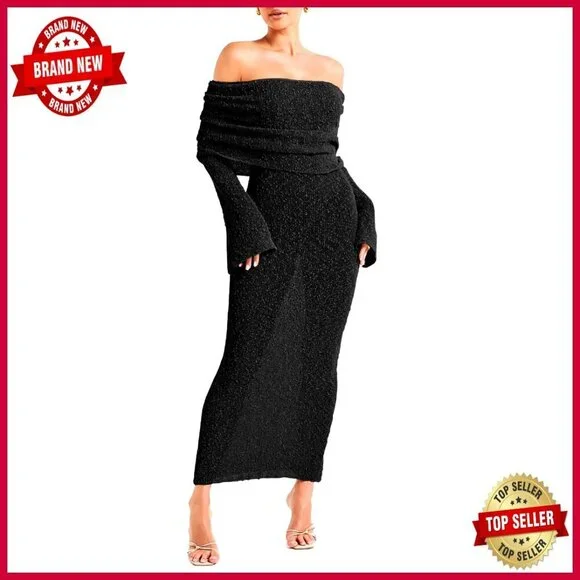 Off Shoulder Maxi Dress Sheer Bodycon Long Sleeve Beach Coverup Sexy