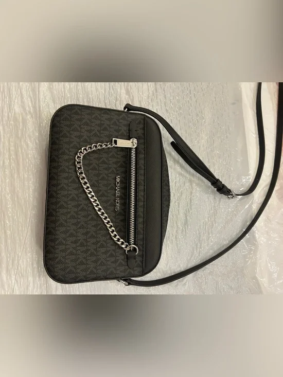 Michael Kors Black Logo Belt Bag with Silver Chain Accent