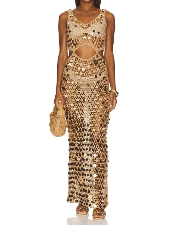 Superdown Gold Crochet Sequin Cutout Maxi Swim Coverup