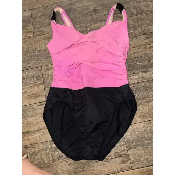 Vintage Miraclesuit One-Piece Swimsuit Size 12 Pink Black Colorblock Ruched