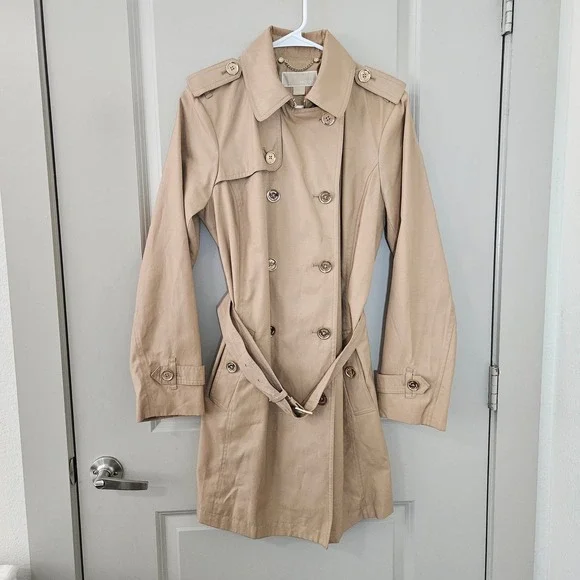 Michael Kors Womens Tan Double Breasted Belted Trench Coat Khaki Size M