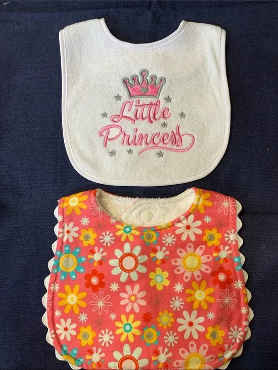 New handmade girls bib set in Pink Floral & White 'Little Princess' Accent