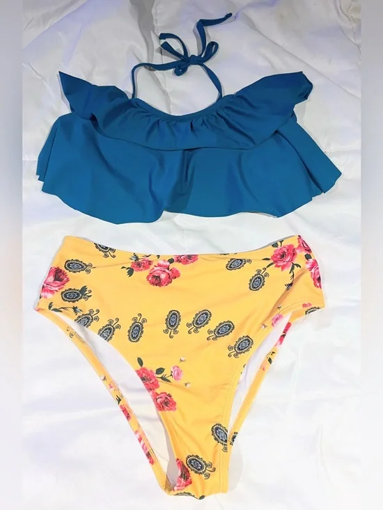Teal Ruffle Flounce Bikini Top with Yellow Floral High-Waist Bottoms Size Medium