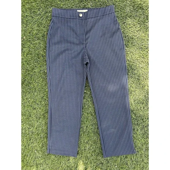 Michael Kors Pinstripe Knit Dress Pants Women's 6 Navy Stretch Career Slacks