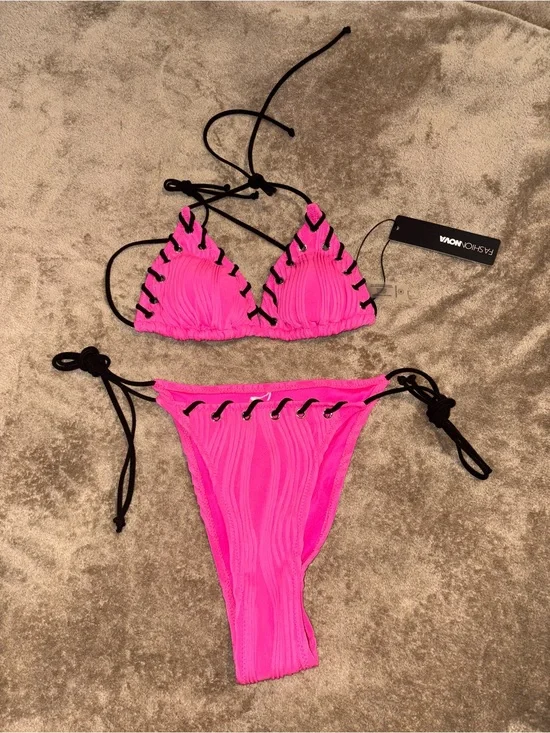 Fashion Nova Neon Pink Lace-Up Triangle Bikini with Black Ties