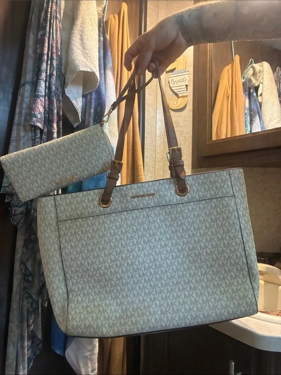 Michael Kors Light Beige Monogram Tote with Matching Wristlet