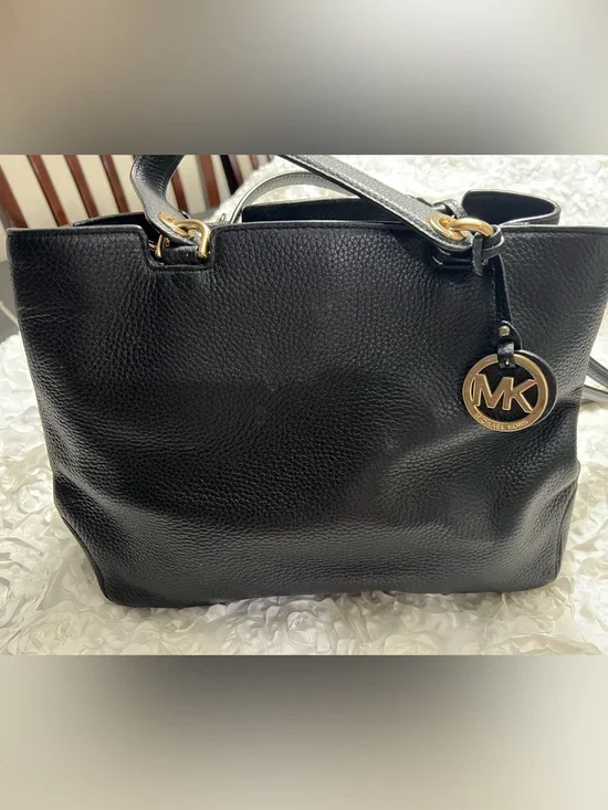 Michael Kors Black Pebbled Leather Shoulder Bag with Gold Hardware