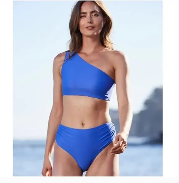 Summersalt The Ruched High Leg High Rise Bikini Bottom Blue Hydrangea Womens 4