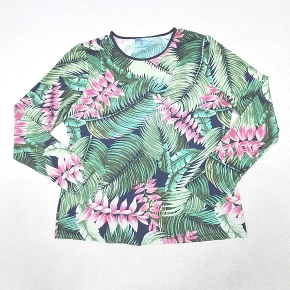 Lands End Rash Guard Womens Medium Green Tropical Floral Palm Leaf Swim Top