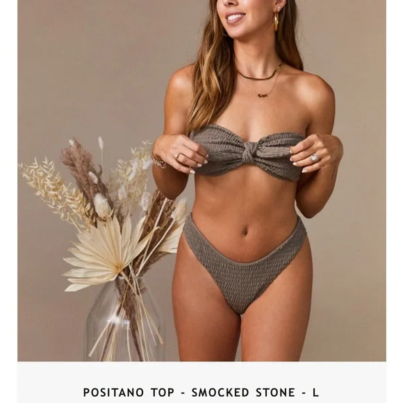 Smocked Stone Bandeau Bikini Set - Women Swim Bikinis