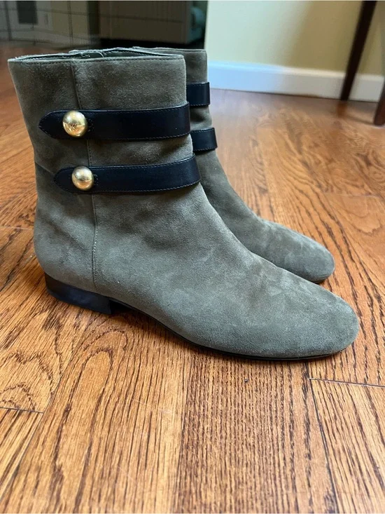 Michael Kors Olive Suede Ankle Boots with Black Straps & Gold Buttons