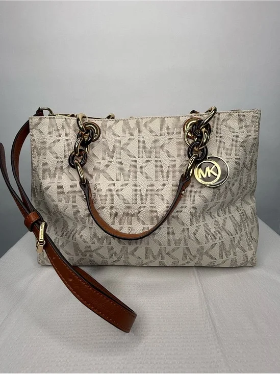 Michael Kors Cream Logo Tote with Brown Leather Straps