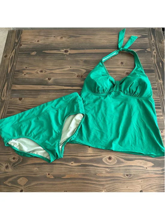 Lands' End Tankini Swimsuit Womens 14 Green Halter 2 Piece Set