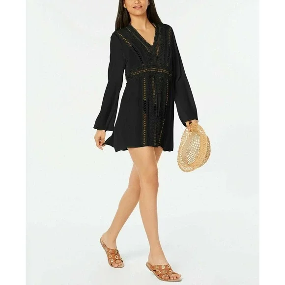 Raviya‎ Crochet Tunic Swimsuit Cover-Up Size Large Black Long Sleeve NEW