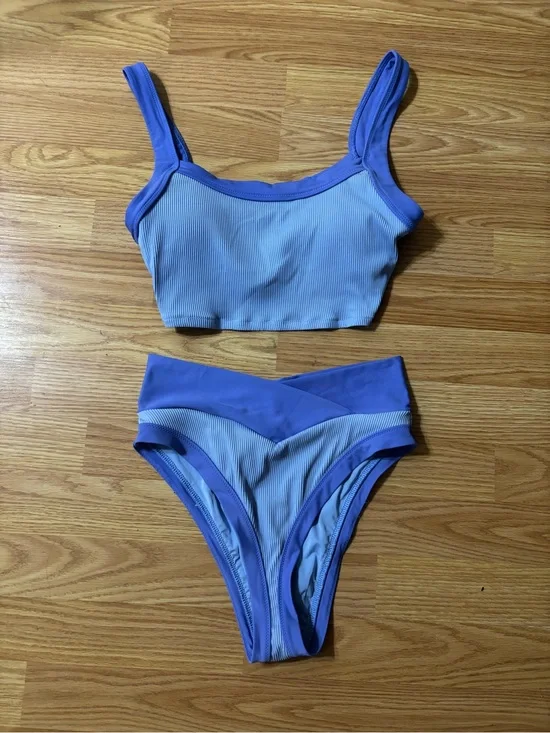 aerie Two-Piece Ribbed Bikini in Light Blue and Periwinkle-Small