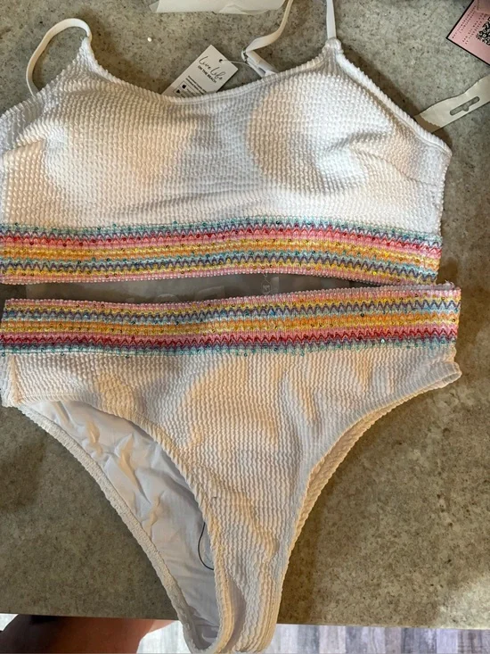 Cupshe White Textured Bikini Set with Rainbow Chevron Trim