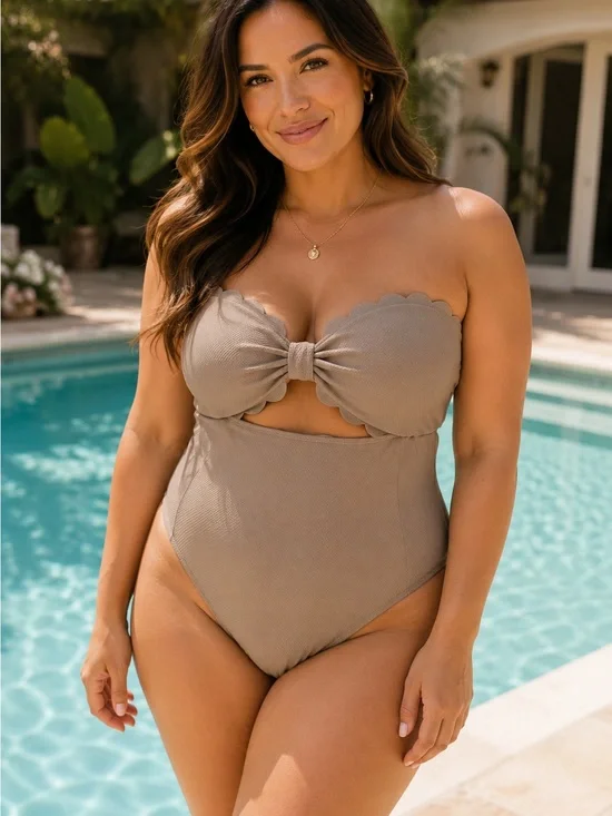 Cupshe Taupe Scalloped Strapless Knot Front Cutout One-Piece