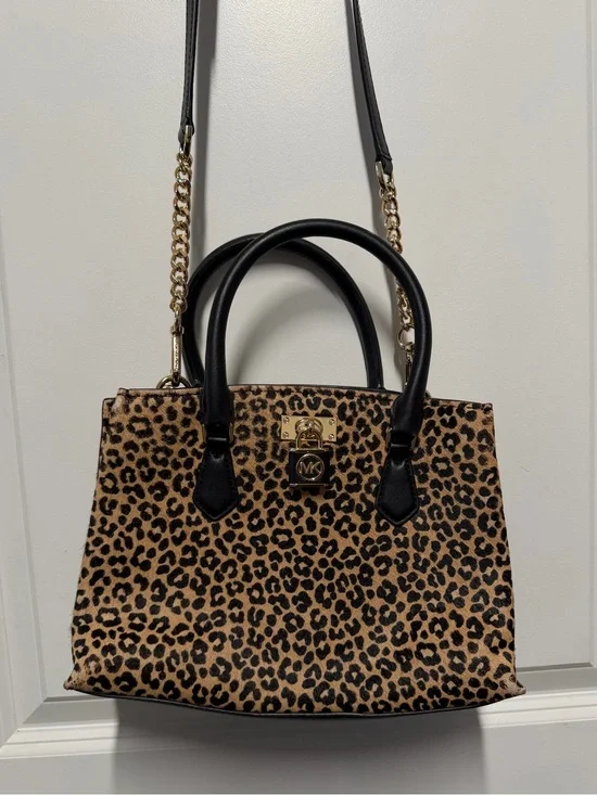 Michael Kors Hamilton Leopard Calf Hair Satchel Crossbody Bag Gold Hardware