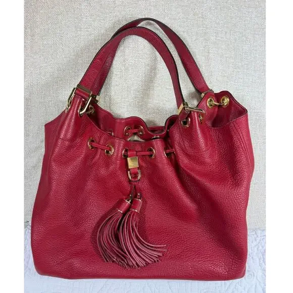 Michael Kors Women's Red Pebbled Leather Hobo Shoulder Handbag Purse Classic