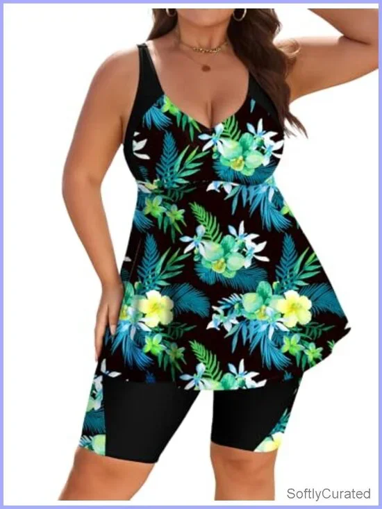 Plus Size Tankini Two Piece Swimsuit with Tummy Control Shorts