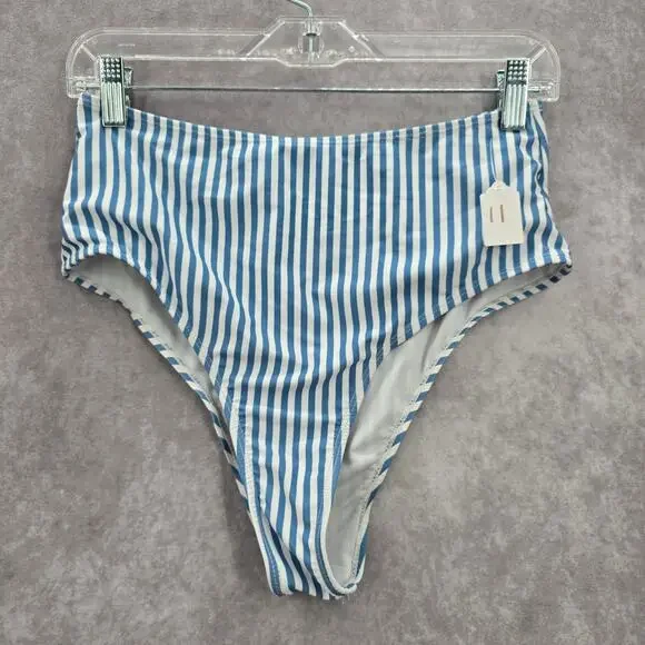 Blue White Stripe Bikini‎ High Waisted Bottom Swimwear Medium