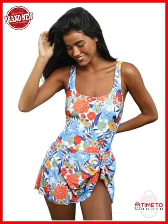 Women's One Piece Swimsuit Scoop Neck Swimdress Wide Straps Tie Knot