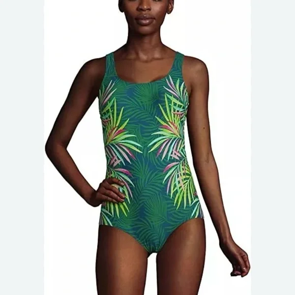 Lands End Blue Green Tropical Palm Leaf One Piece Swimsuit Size‎ 6 D