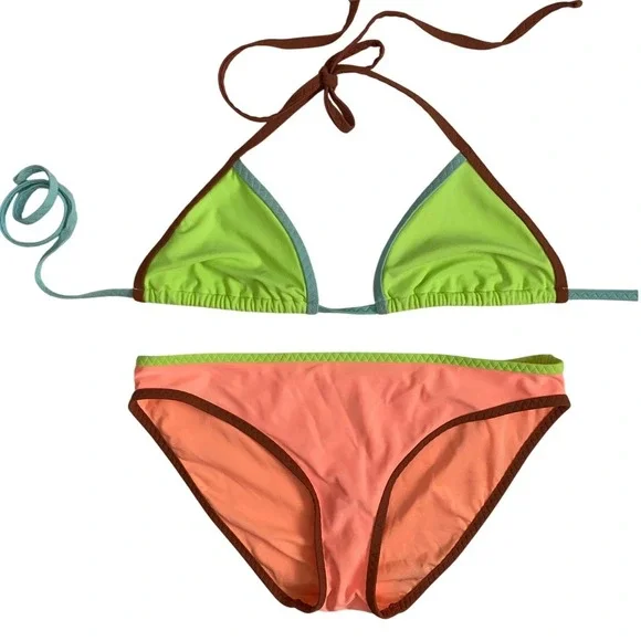 Aerie Colorblock Bikini Set Neon Lime Green XS Triangle Top Coral Pink S Bottoms
