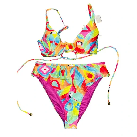 Watercolors By Kenny Flowers Bikini Top Bottom Swim Hawaiian Parrot XS NWT‎