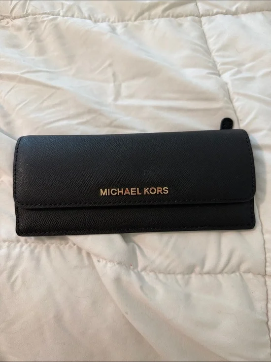 Michael Kors Black Saffiano Zip Continental Wallet with Gold Logo