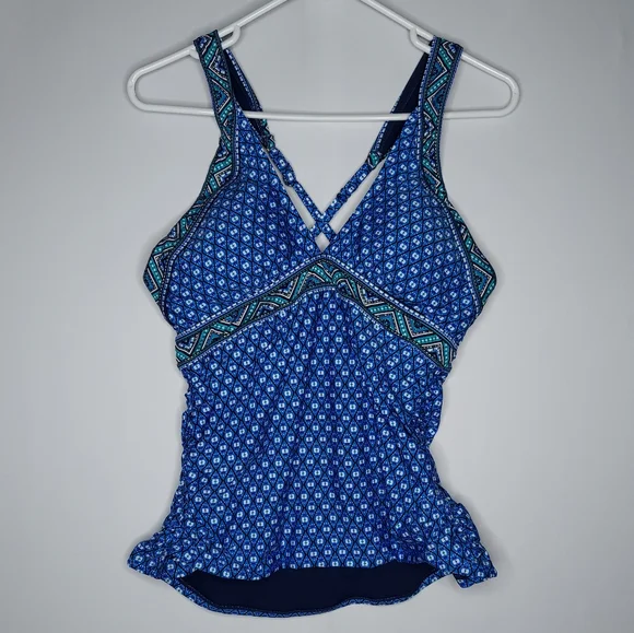 Jantzen Tankini Swim Top 10 Blue Gold Geometric Adjustable Strap Padded X-Backed