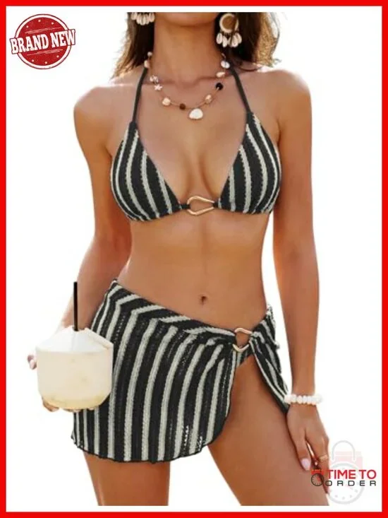 Women's 3 Piece Bikini Set Textured Halter String Tie Side Bathing Suit with