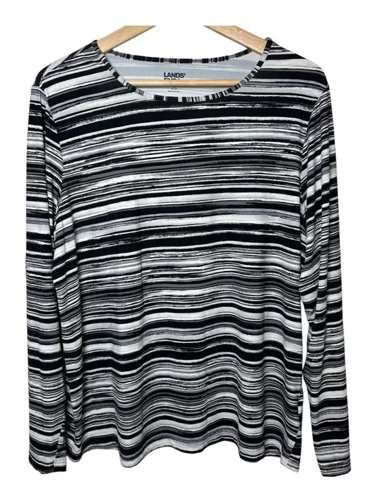 Lands' End Women’s Rash Guard 1X Swimwear Long Sleeve Black White Stripes Resort