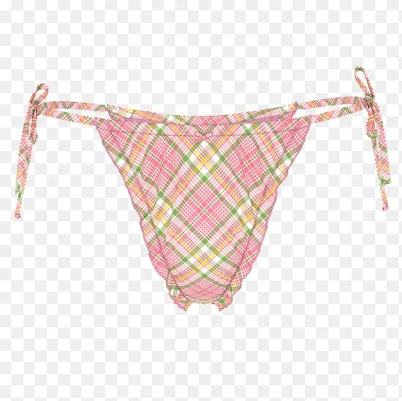 New!Pink X Frankies Bikini‎ Reign Thong Bikini Bottom -Strawbery Plaid