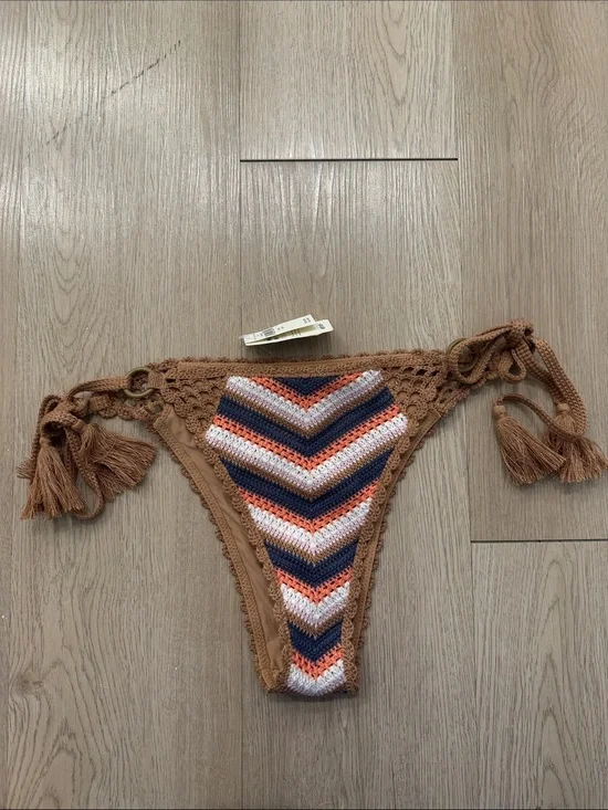 aerie Crochet Tie-Side Bikini Bottom in Brown, Navy, White, and Orange