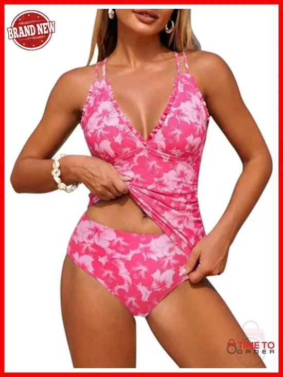 Womens Tankini Swimsuit 2 Piece Smocked Tie Back Ruched Modest Bathing Suit
