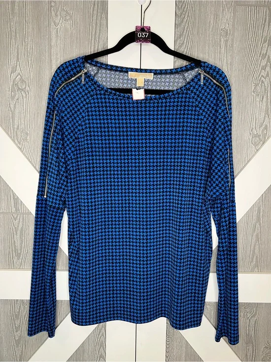 037. Michael Kors Blue Houndstooth Zip-Shoulder Long Sleeve Top L