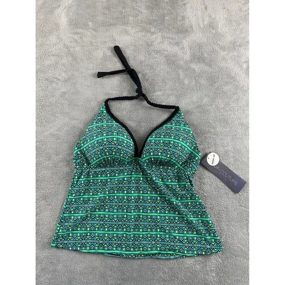 Aqua Couture Womens Green Tribal Geometric Push Up Halter Tankini Top Size M NEW
