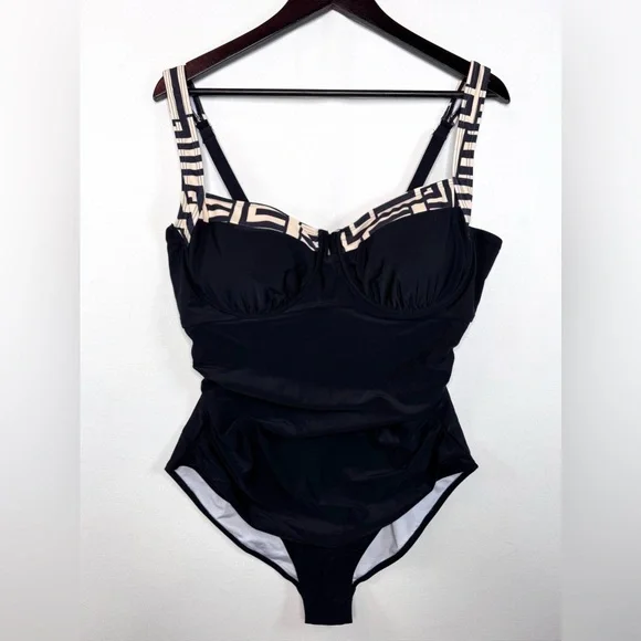 B2prity NWT‎ Size 2XL One Piece Ruched Tummy Control Swimsuit in black and tan