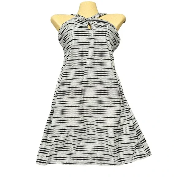 ATHLETA Dress XS Halter Top Gray Black Striped Sleeveless Casual Mini Swim Dress
