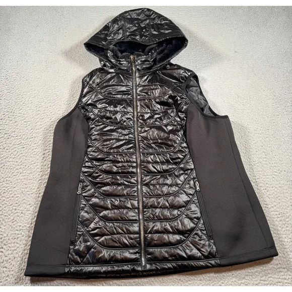 Michael Kors Quilted‎ Puffer Vest Womens Medium Black Removable Hood Full Zip