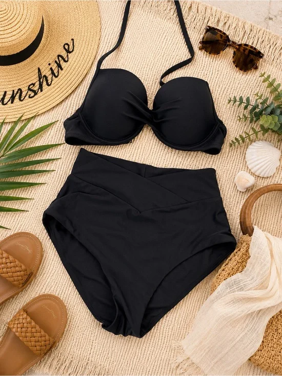 Aerie Black High Waisted Bikini Set Push-Up Underwire Top 36C Bottoms Medium